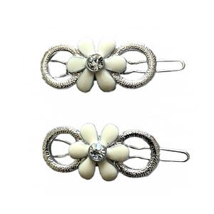 Petite Silver Tone Floral & Crystal Barrette Pair